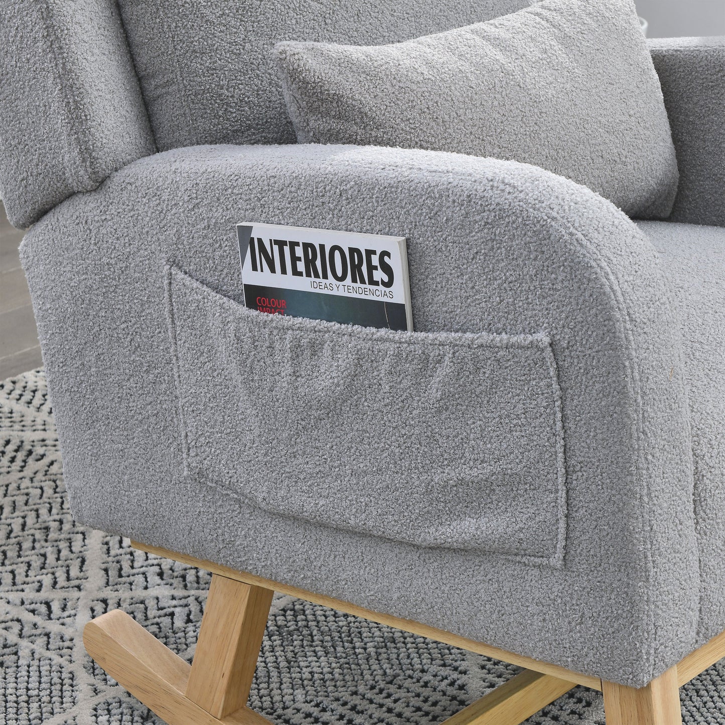 27.5 "W Modern Accent High Back Living Room Casual Armchair Rocker With One Lumbar Pillow, Two Side Pockets