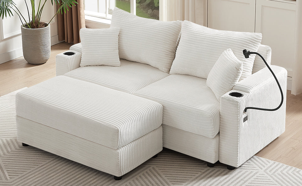72.8" Modern Style Loveseat Sofa Sectional Sofa Couch With Storage Space, a Movable Ottoman, Two USB Ports, Two Cup Hold