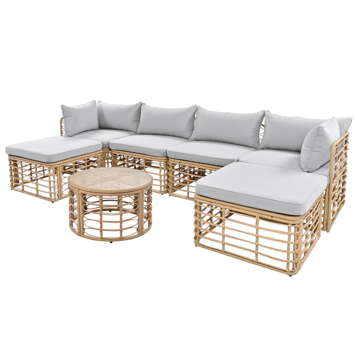 7 Pieces Outdoor Patio Furniture, All-Weather Rattan Sectional Sofa Set With Thick Cushions and Pillows, Freely Combined