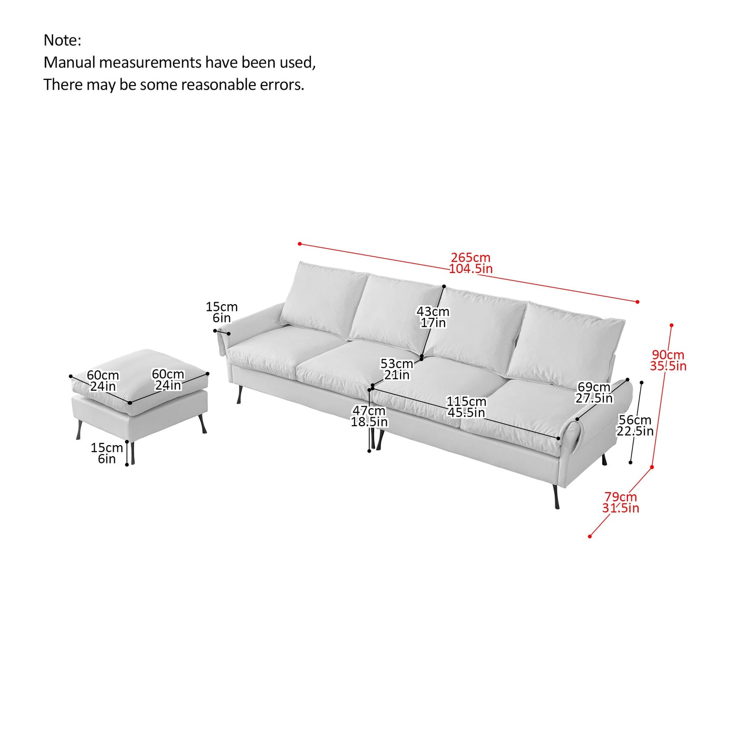 104.5"Modern Sectional Technical Leather L-Shaped Sofa Couch With Convertible Ottoman