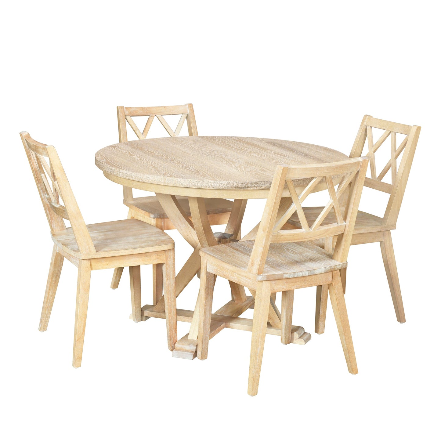 Mid-Century 5-Piece Extendable Round Dining Table Set With 15.7" Removable Leaf and 4 Cross Back Dining Chairs, Natural