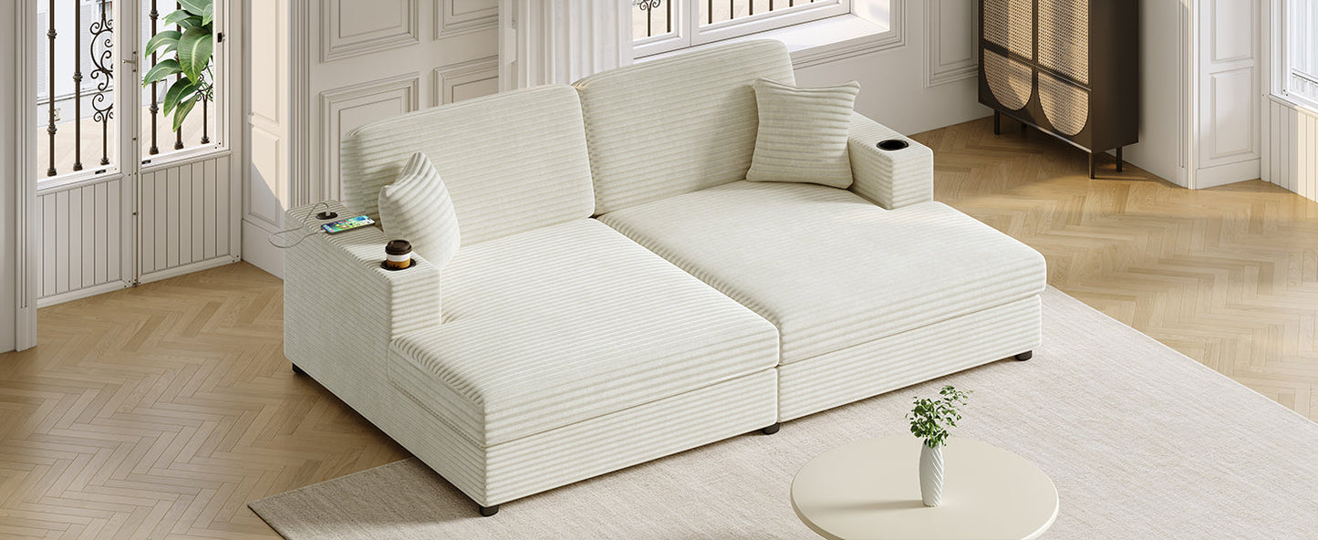86.5" Oversized Loveseat Chaise Lounge Sectional Sofa Bed Corduroy Sleeper Sofa With Two USB Ports , Two Cup Holders