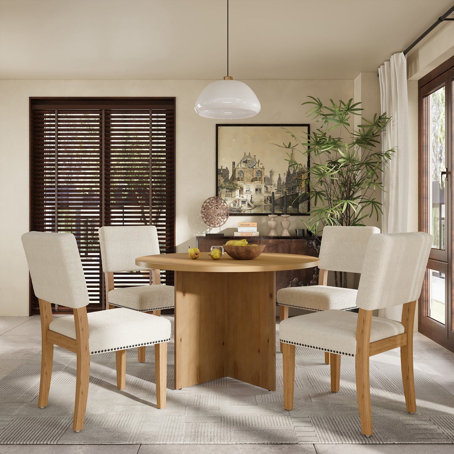Modern 5-Piece Round Dining Table Set Pedestal Kitchen Table Set With 4 Upholstered Dining Chairs