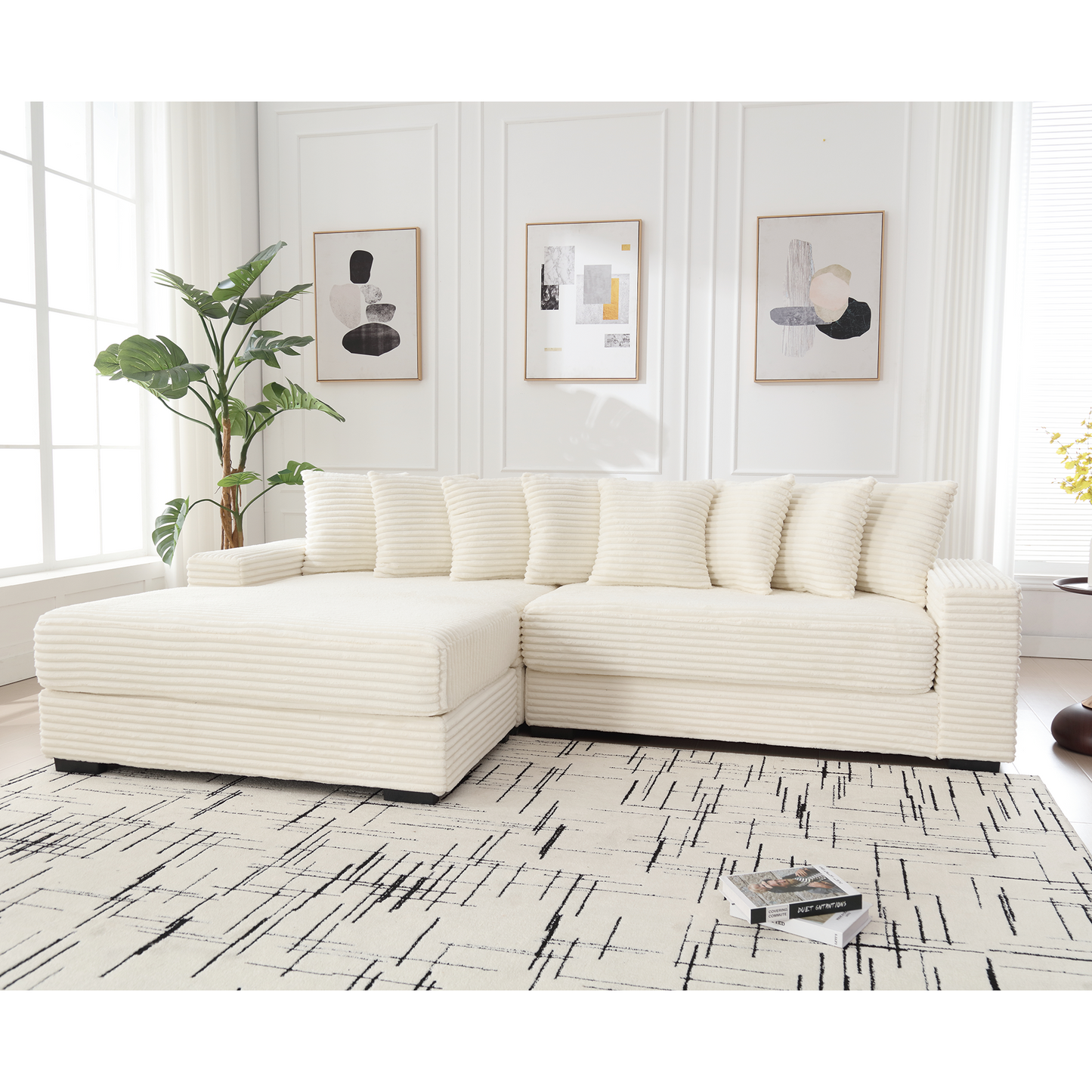 Oversized Two-Piece Couches, L Shaped Sofa, Corduroy, Left Chaise Daybed,with Armrests,Eight Throw Pillows,Corner Sofa