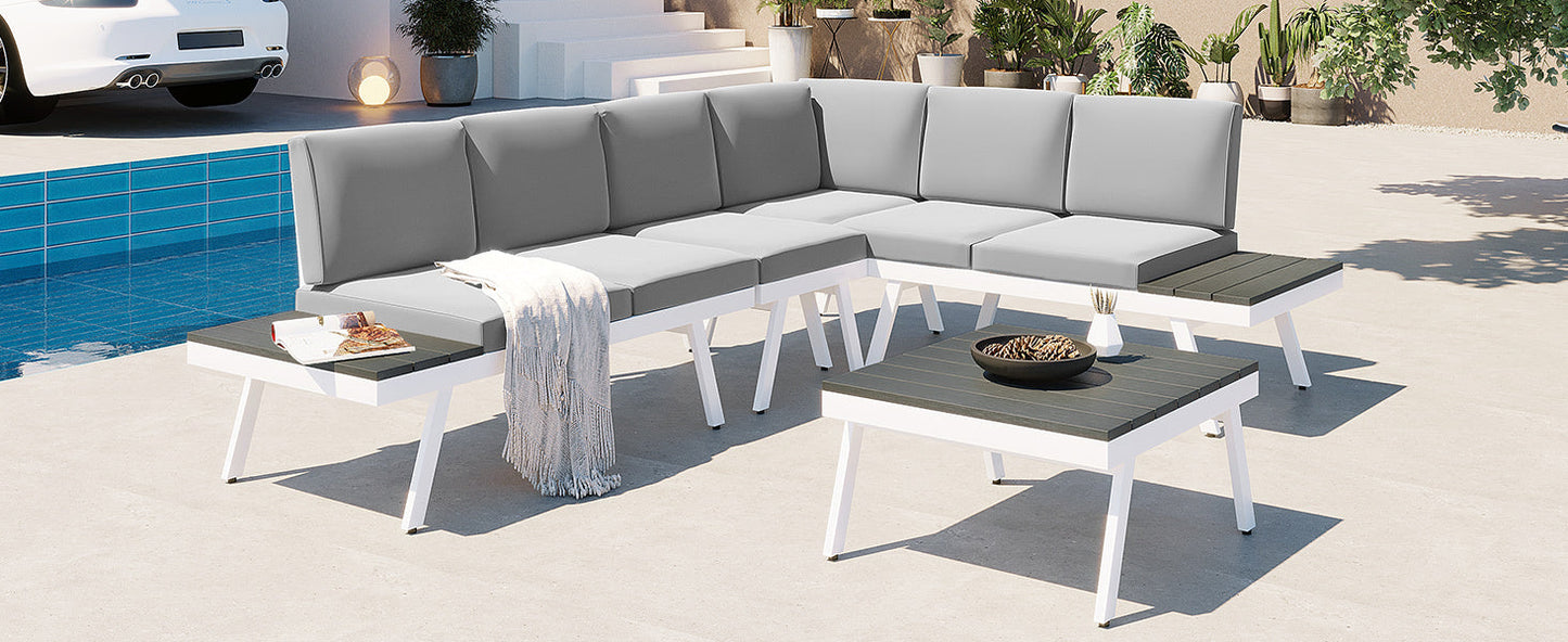 Industrial 5-Piece Aluminum Outdoor Patio Furniture Set, Modern Garden Sectional Sofa Set With End Tables, Coffee Table