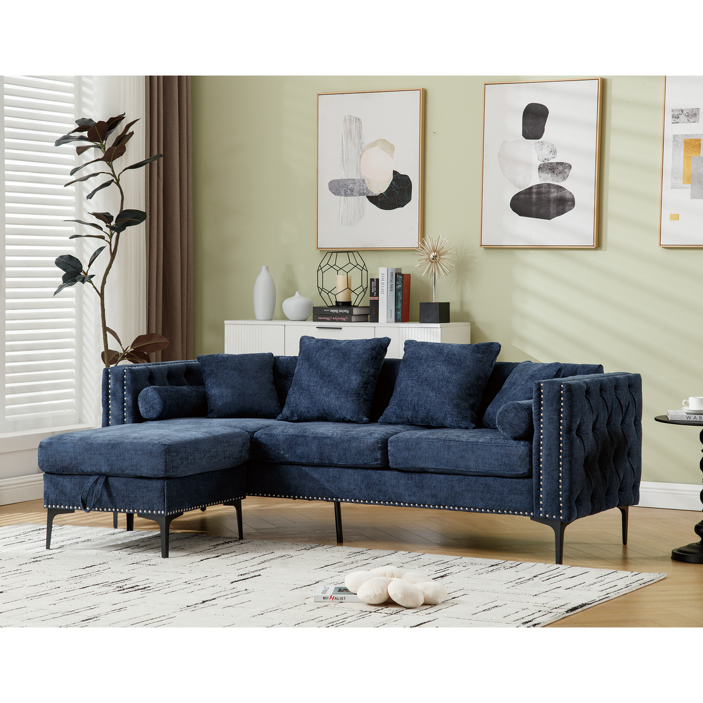 L Shaped Sectional Sofa , Convertible Storage Ottoman,Chenille ,Square Arm, Modern Tufted Couch ,3 Seater