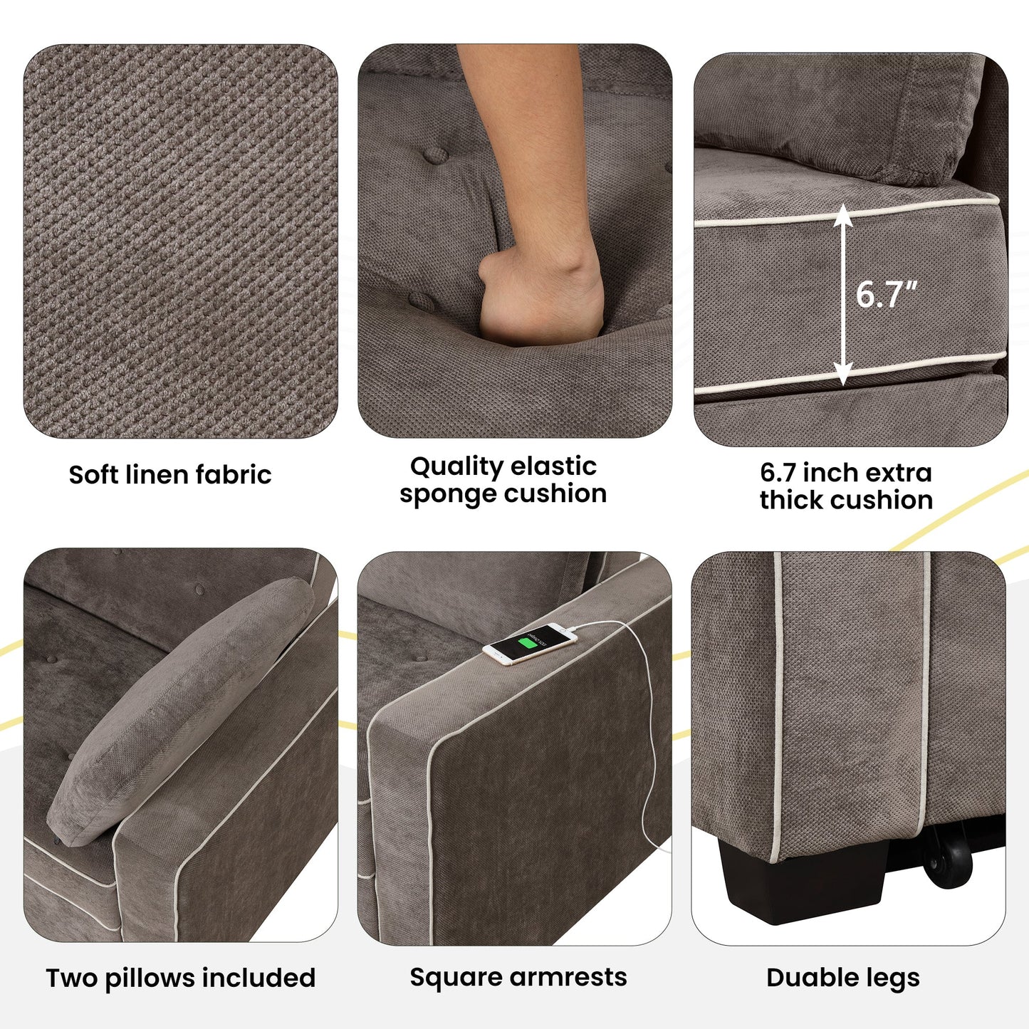 65.7" Linen Upholstered Sleeper Bed , Pull Out Sofa Bed Couch Attached Two Throw Pillows,Dual USB Charging Port