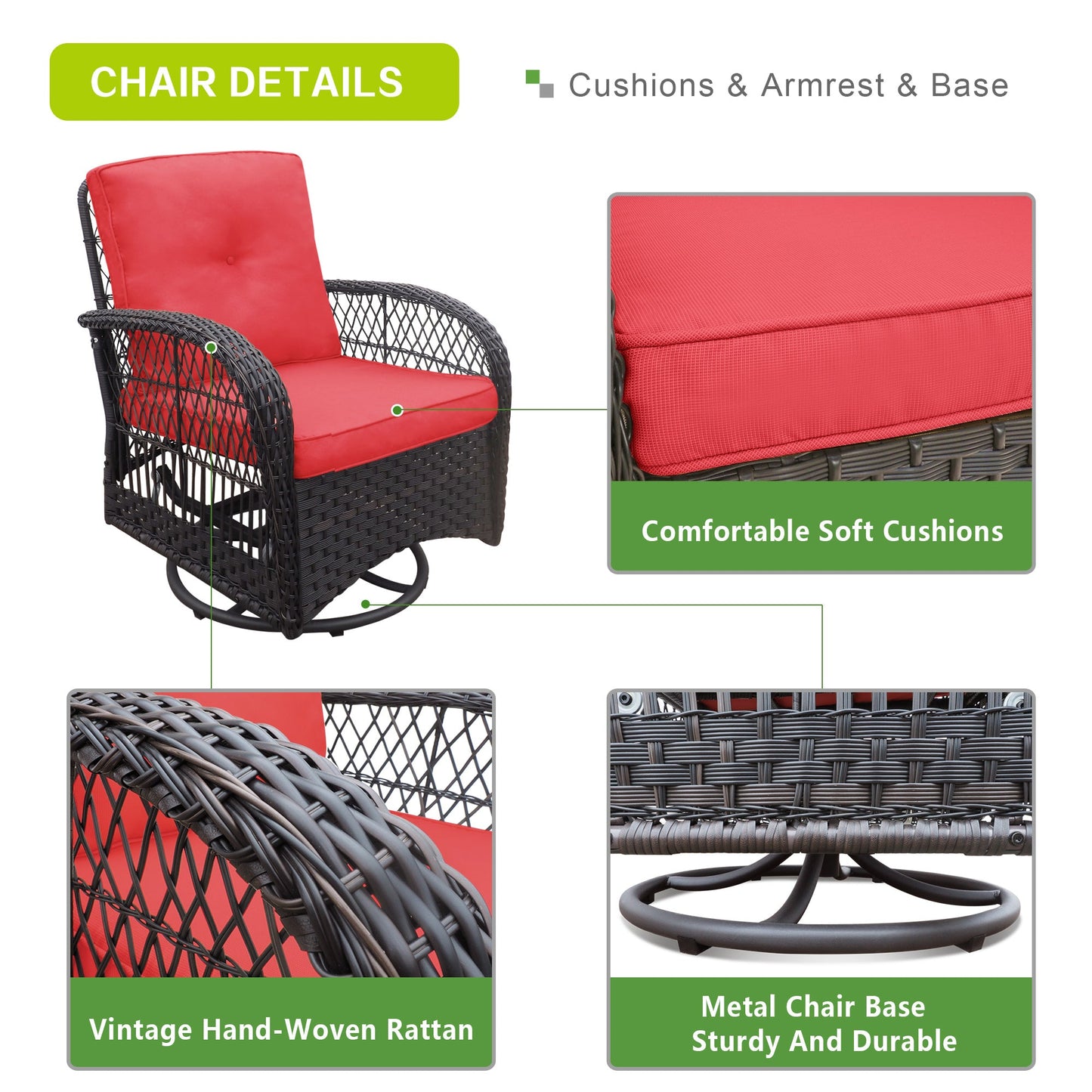360-Degree Patio Wicker Swivel Rocker Chairs Set; Outdoor Rattan Rocking Bistro Sets With Cushions and Table