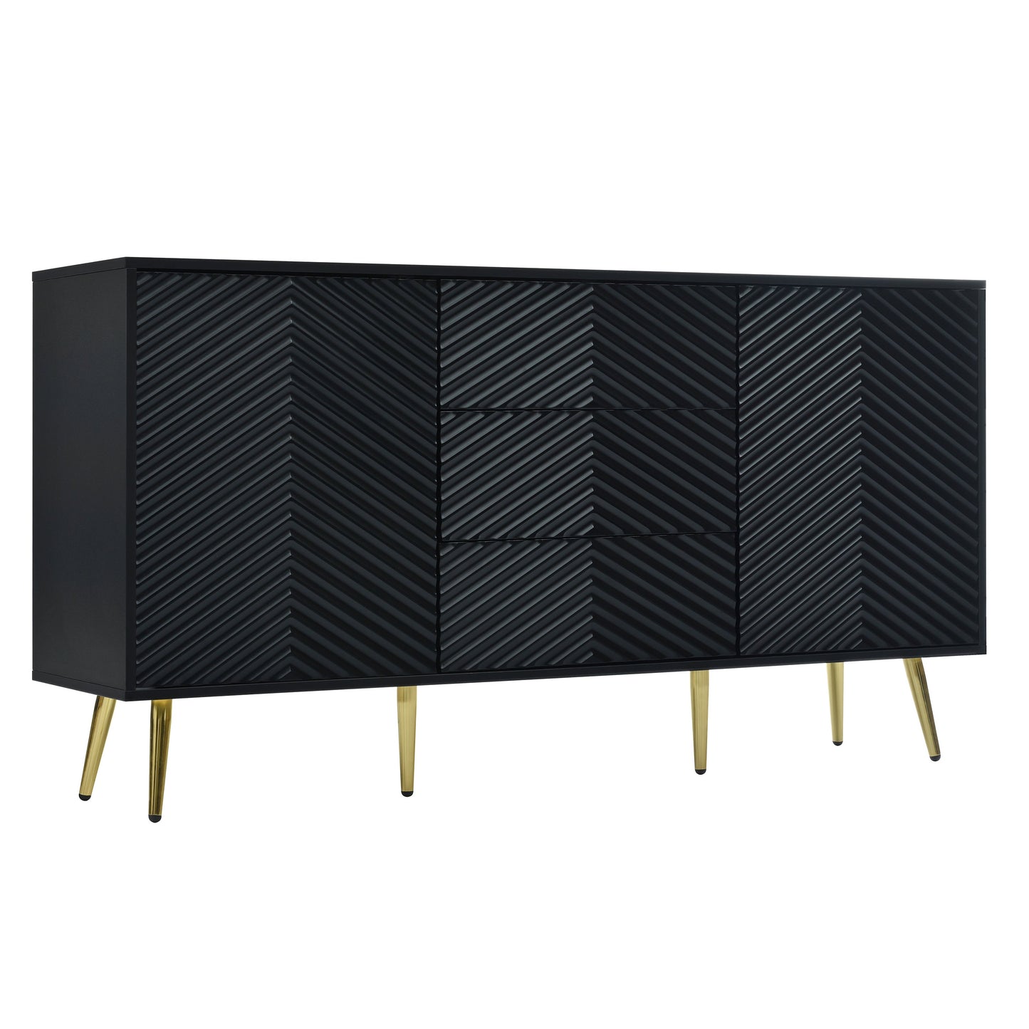 Modern Sideboard With Geometric Line Design, Conical Metal Legs, and Central Drawers for Stylish Storage