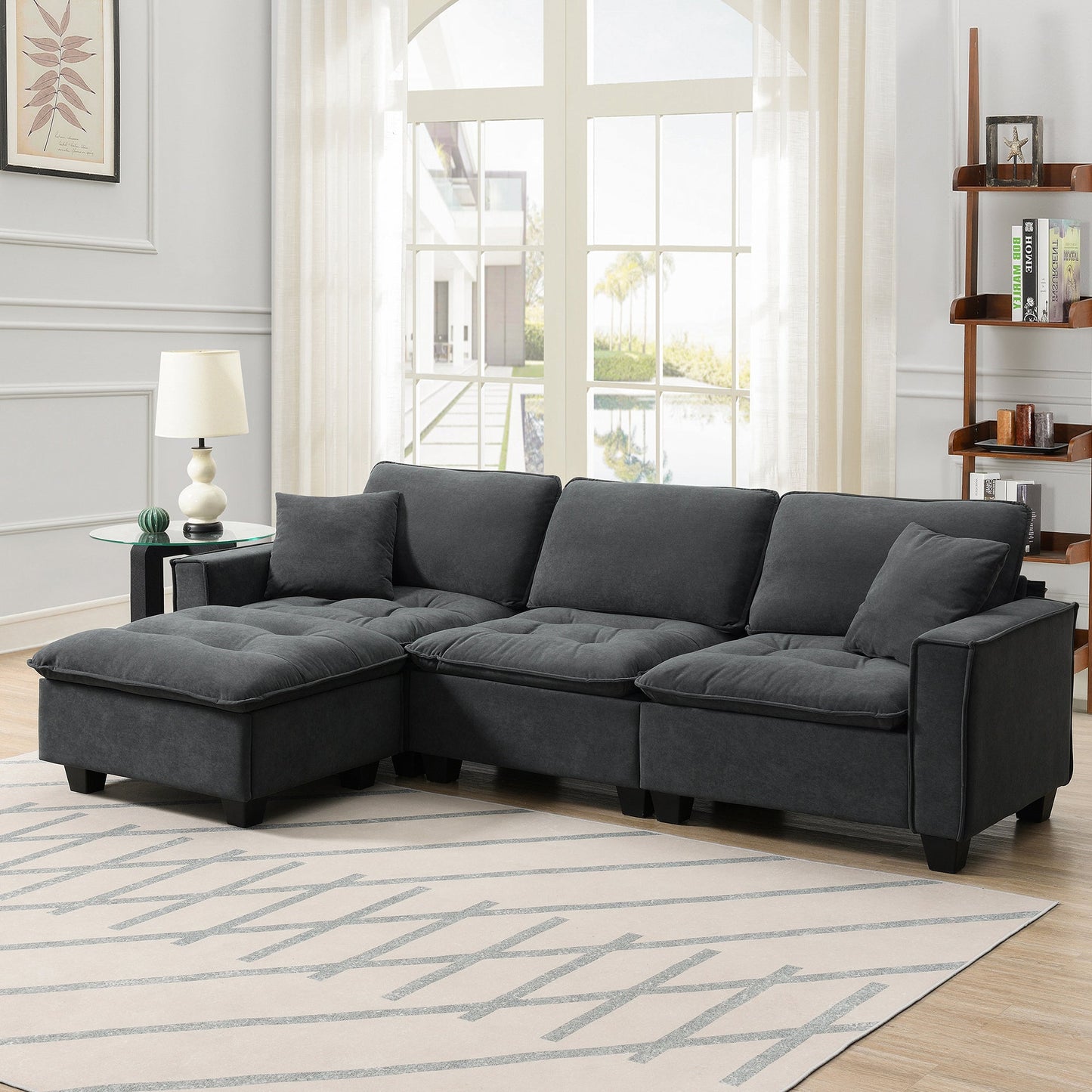 100*59" Modern Convertible Sectional Sofa,L-Shaped Reversible Couch Set With Free Pillows,4 Seat Suede Velvet Sleeper Sofa