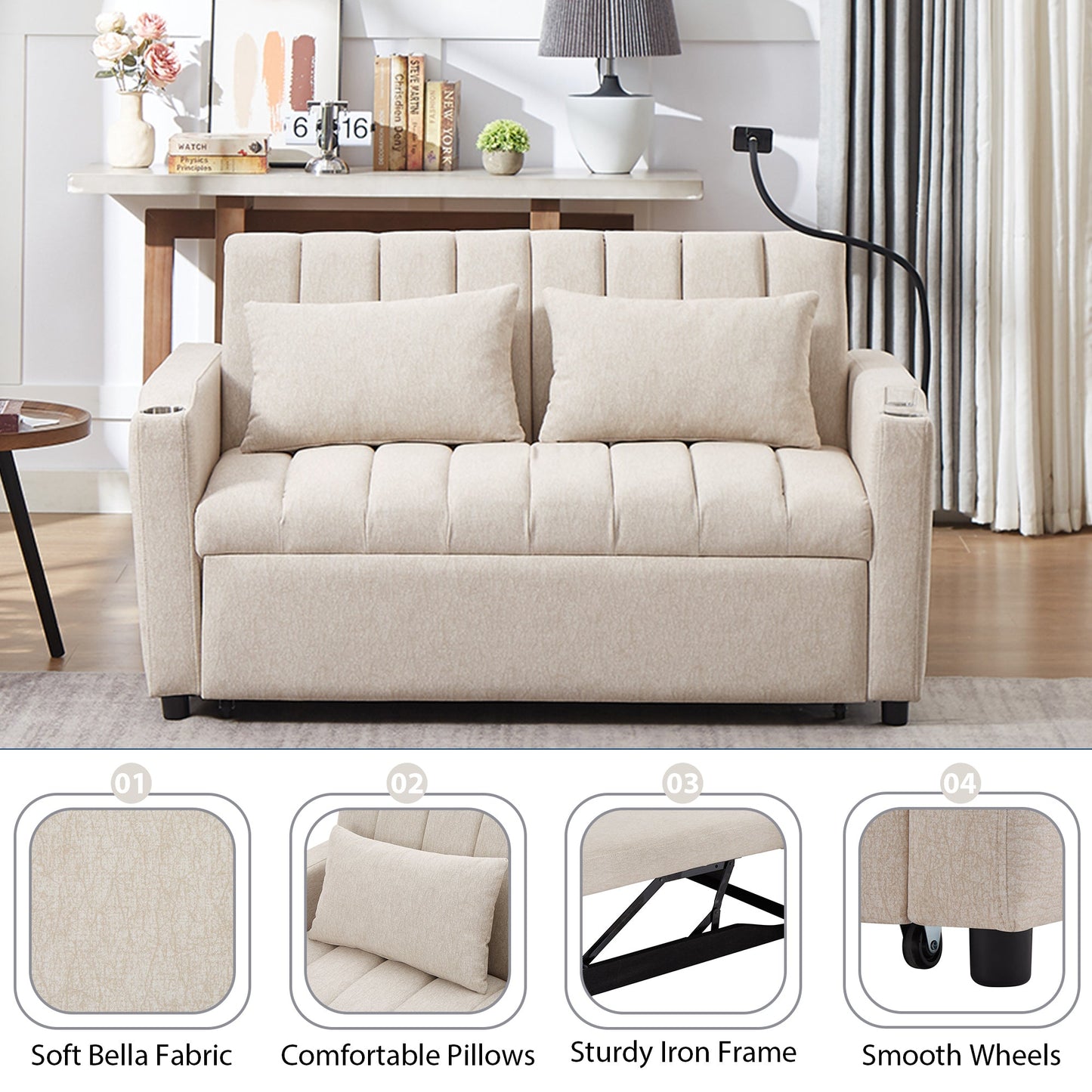 55.9" Convertible Sofa Bed Loveseat Sofa With Three USB Ports, Two Side Pockets, Two Cup Holders