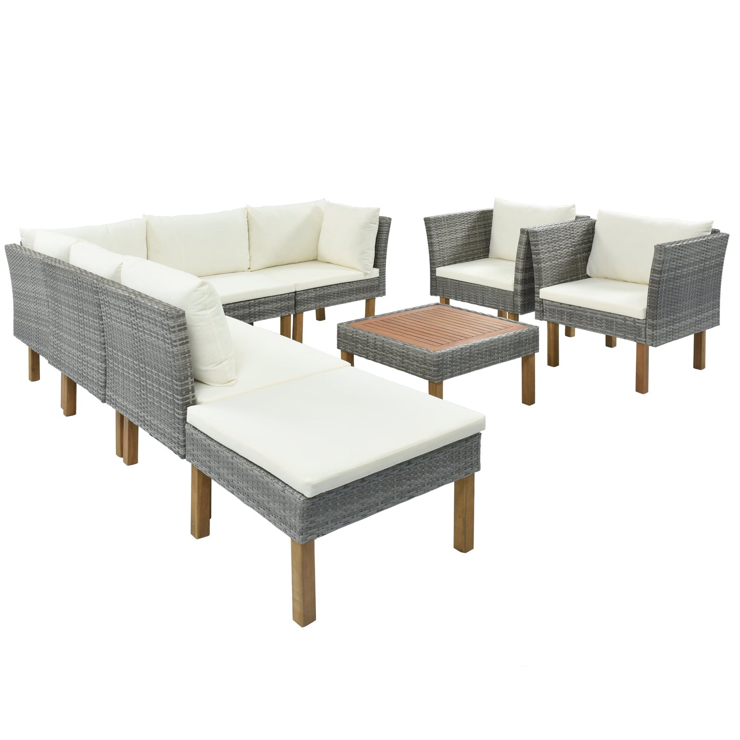 9-Piece Outdoor Patio Garden Wicker Sofa Set, Gray PE Rattan Sofa Set, With Wood Legs, Acacia Wood Tabletop