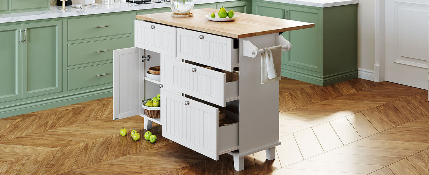 Farmhouse Kitchen Island Set With Drop Leaf and 2 Seatings,Dining Table Set With Storage Cabinet, Drawers and Towel Rack