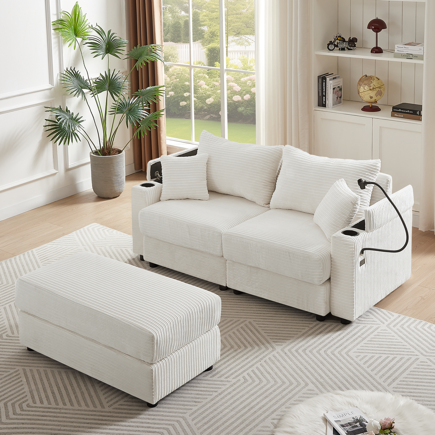 72.8" Modern Style Loveseat Sofa Sectional Sofa Couch With Storage Space, a Movable Ottoman, Two USB Ports, Two Cup Hold