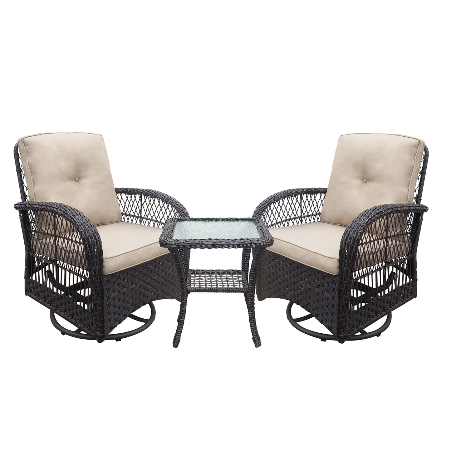 360-Degree Patio Wicker Swivel Rocker Chairs Set; Outdoor Rattan Rocking Bistro Sets With Cushions and Table