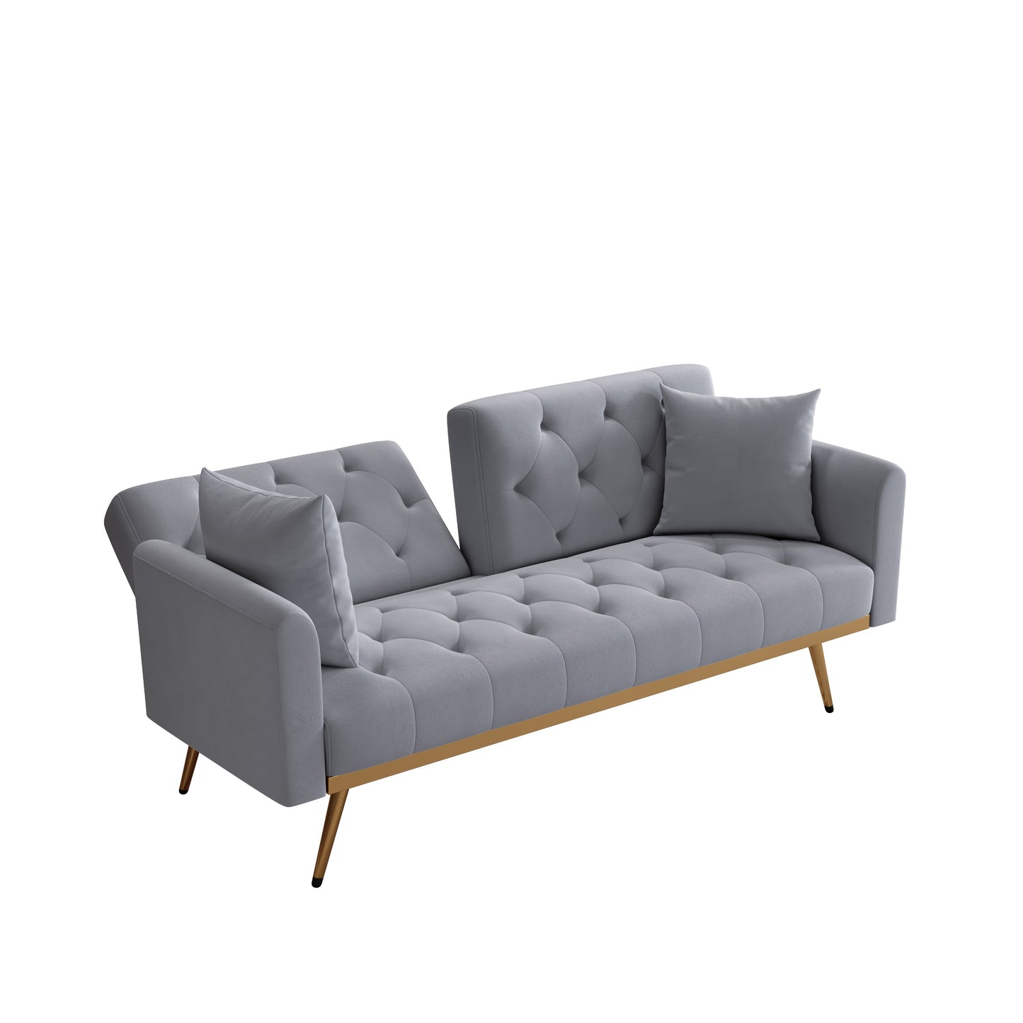68.3" Gray Velvet Nail Head Sofa Bed With Throw Pillow and Midfoot