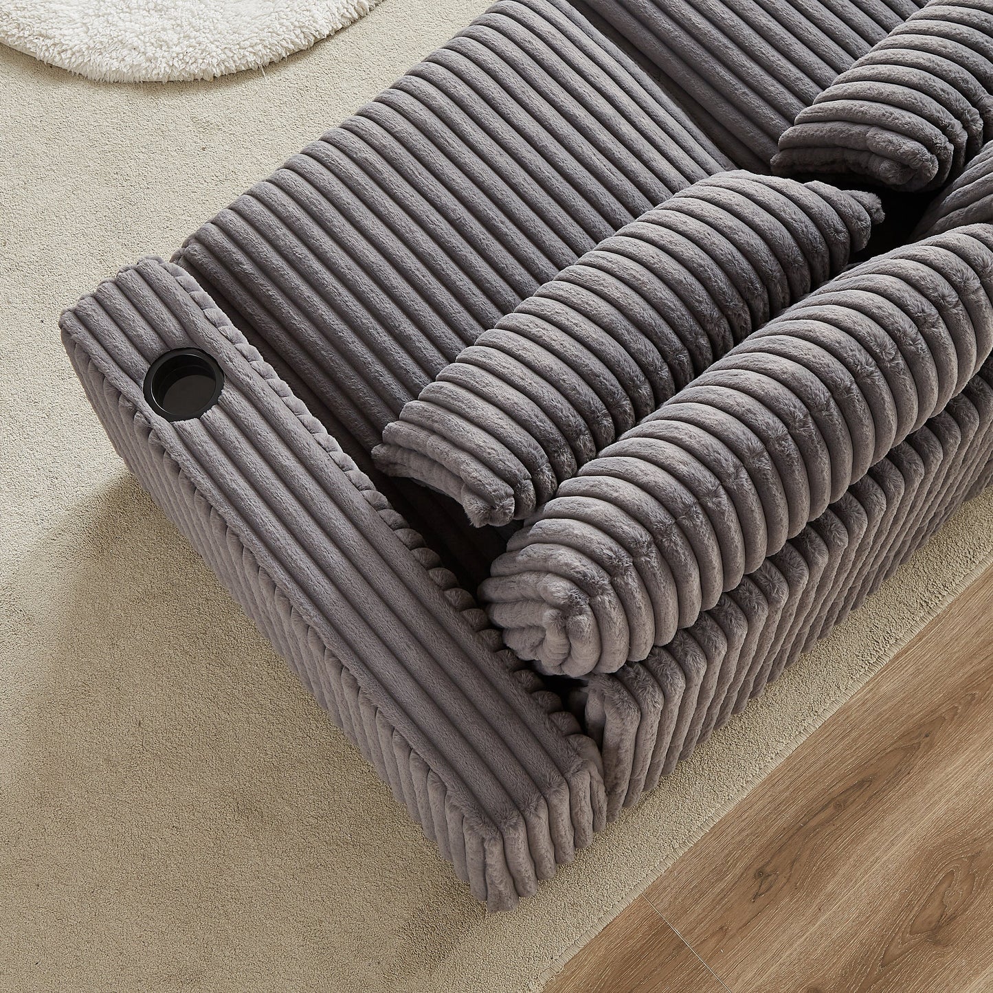 126-Inch Corduroy With Cup Holder Super Large L-Shaped Sofa, Movable Footrest, Four Waist Pillows and Four Back Cushion