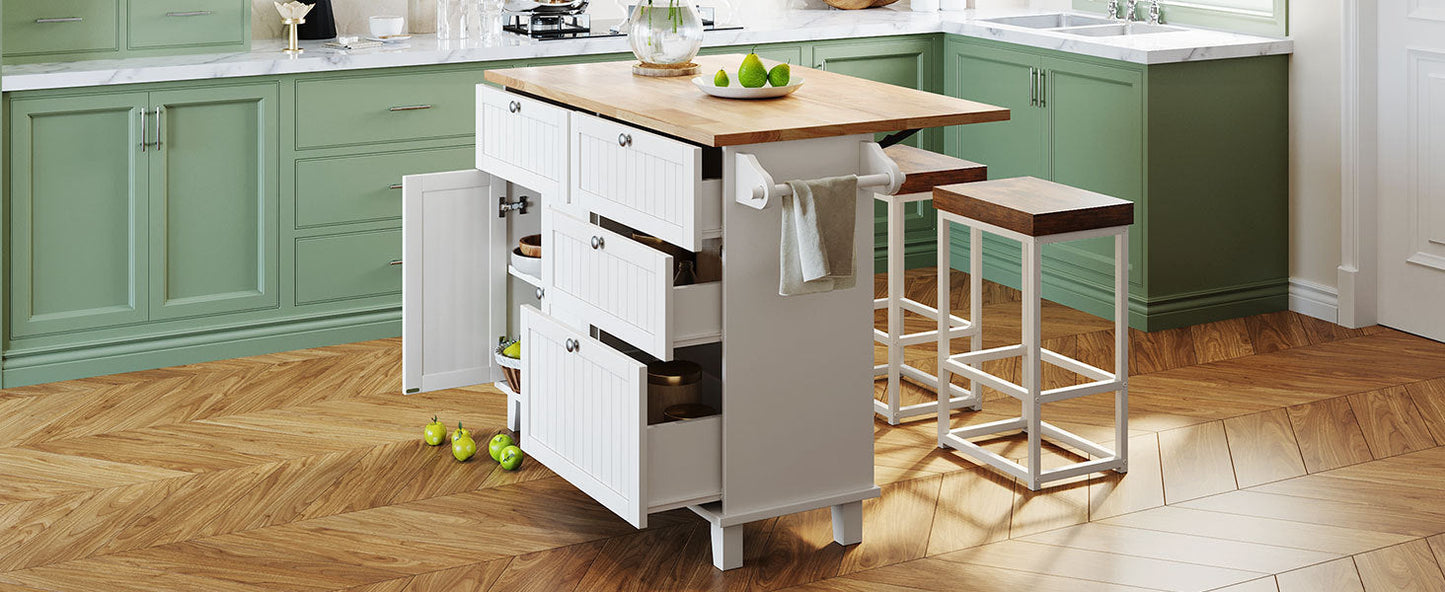 Farmhouse Kitchen Island Set With Drop Leaf and 2 Seatings,Dining Table Set With Storage Cabinet, Drawers and Towel Rack