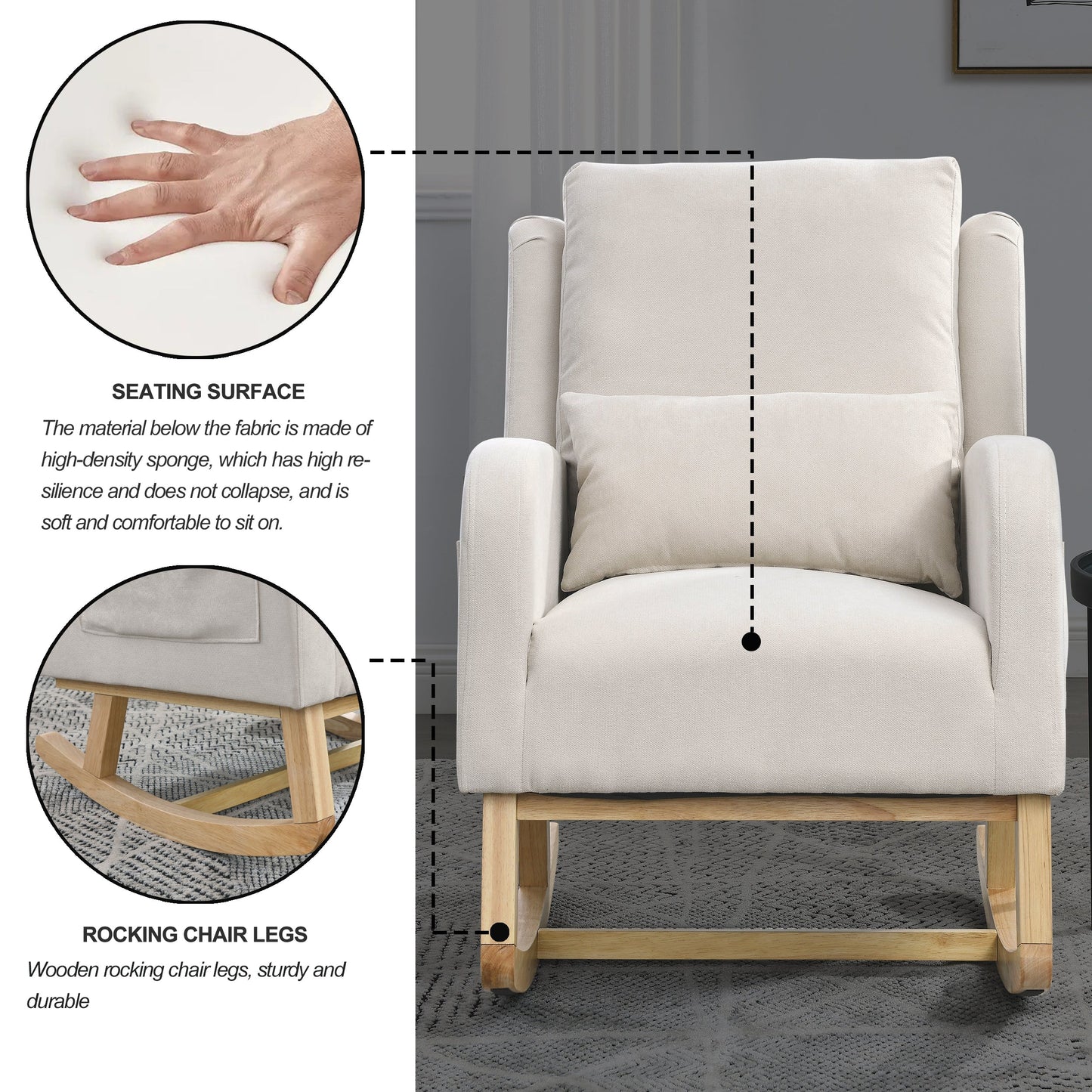 27.5 "W Modern Accent High Back Living Room Casual Armchair Rocker With One Lumbar Pillow, Two Side Pockets