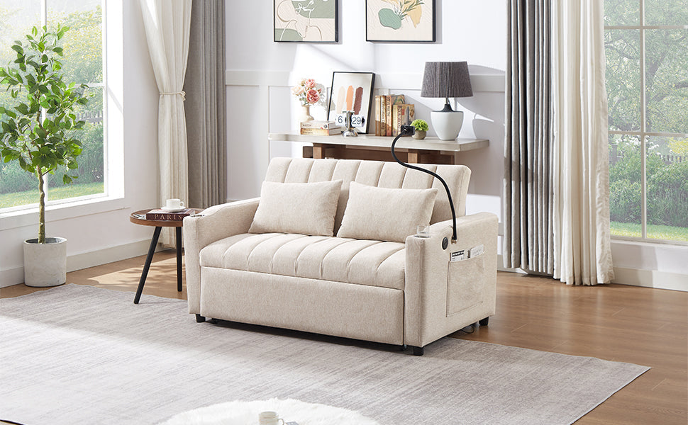 55.9" Convertible Sofa Bed Loveseat Sofa With Three USB Ports, Two Side Pockets, Two Cup Holders