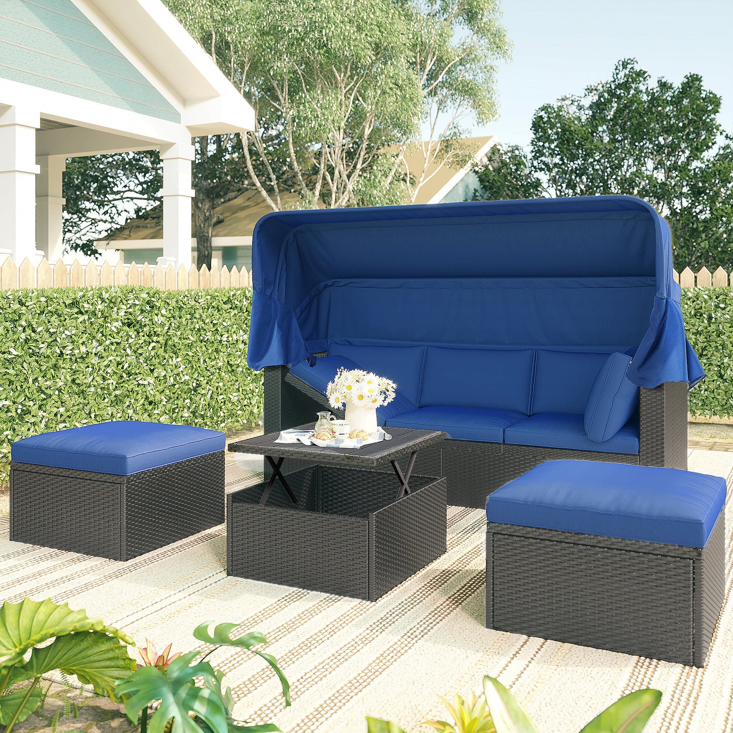 Outdoor Patio Rectangle Daybed With Retractable Canopy, Wicker Furniture Sectional Seating With Washable Cushions