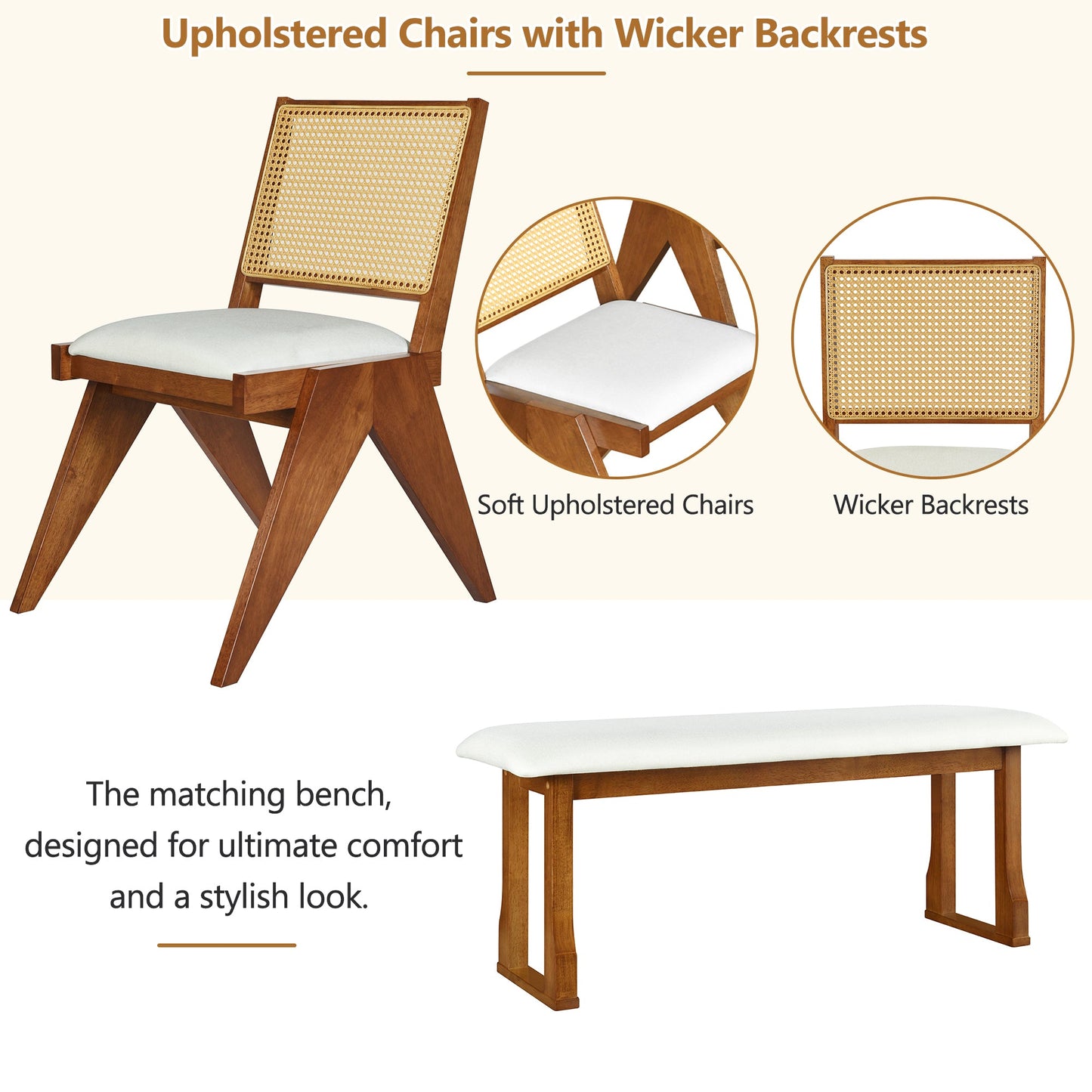Modern 6-Piece 82.7inch Extendable Dining Table Set With 4 Wicker Back Upholstered Dining Chairs and Long Bench