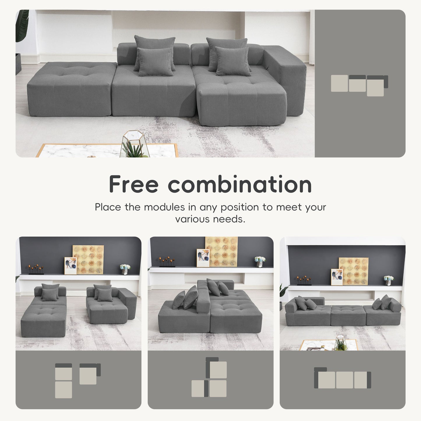 105.5''L Shaped Modular Sectional Sofa,Minimalist Corduroy Floor Couch Set,Convertible Foam-Filled Cloud Compressed Couch
