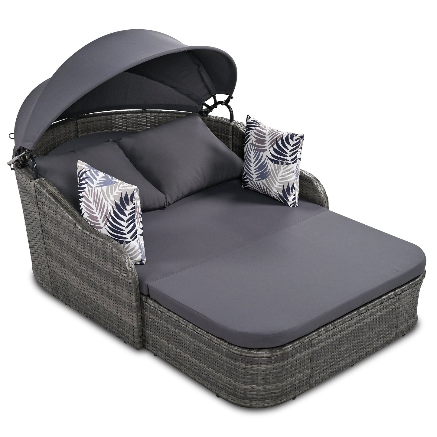 79.9" Outdoor Sunbed With Adjustable Canopy, Double Lounge, PE Rattan Daybed, Gray Wicker and Cushion