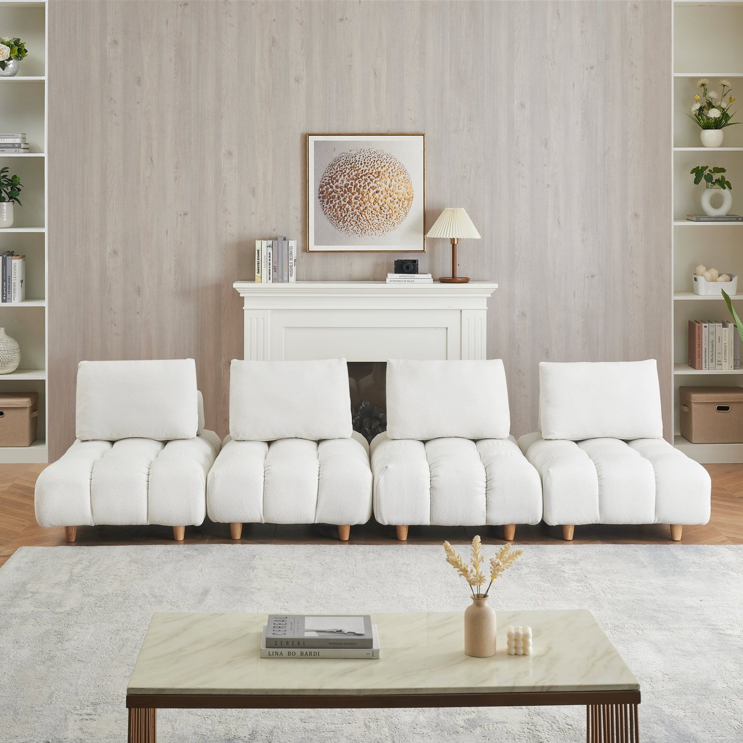120 Inches Long, Teddy Sofa Fabric, With Spacious and Comfortable Seats, for Apartment Office Living Room -Beige