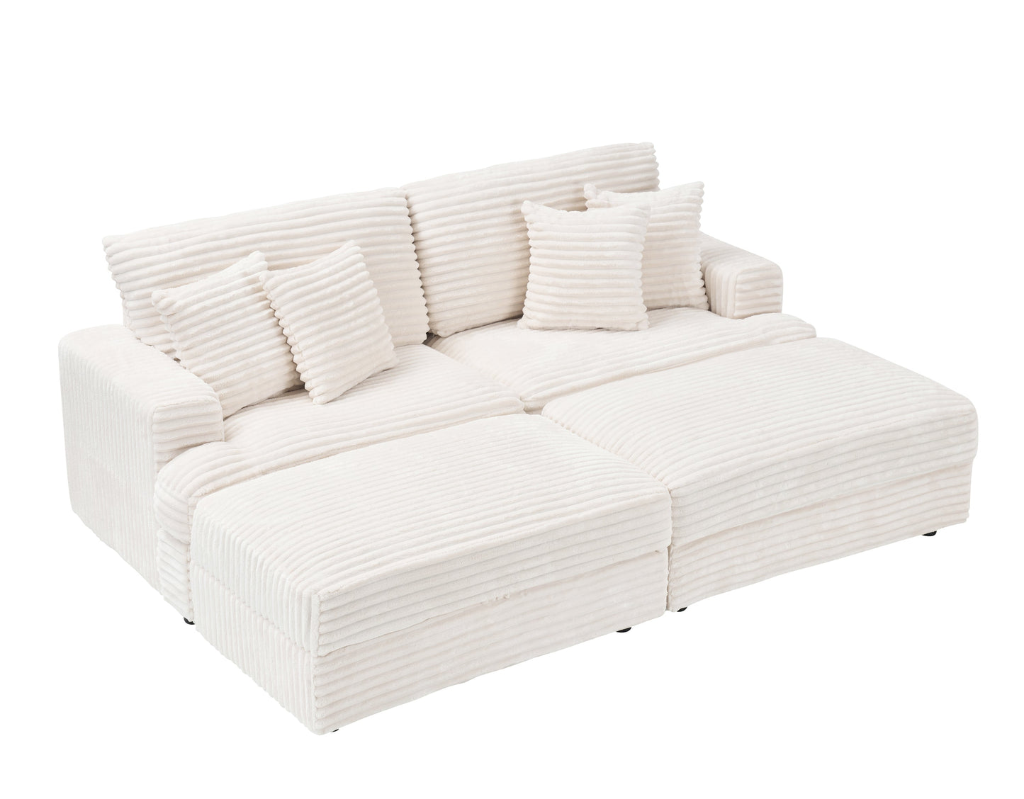 82 Inches Beige Corduroy Sofa, Two Storage Feet +4 Throw Pillows, Create a Living Room, Office Fashion New Darling