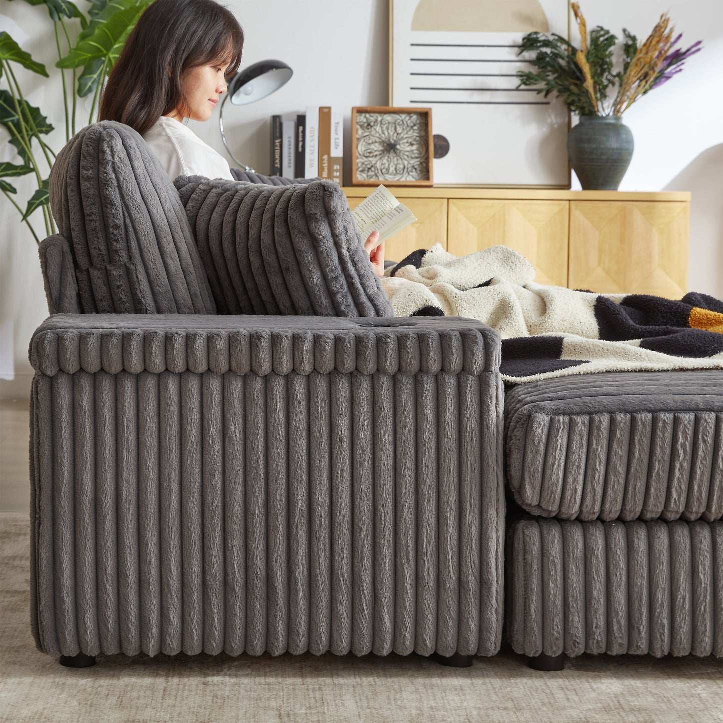 84Inch Corduroy 3-Seater Sofa With 3 Back Pillows ,2 Toss Pillows , a Ottoman ,2storage Spaces and Cup-Holding Grooves