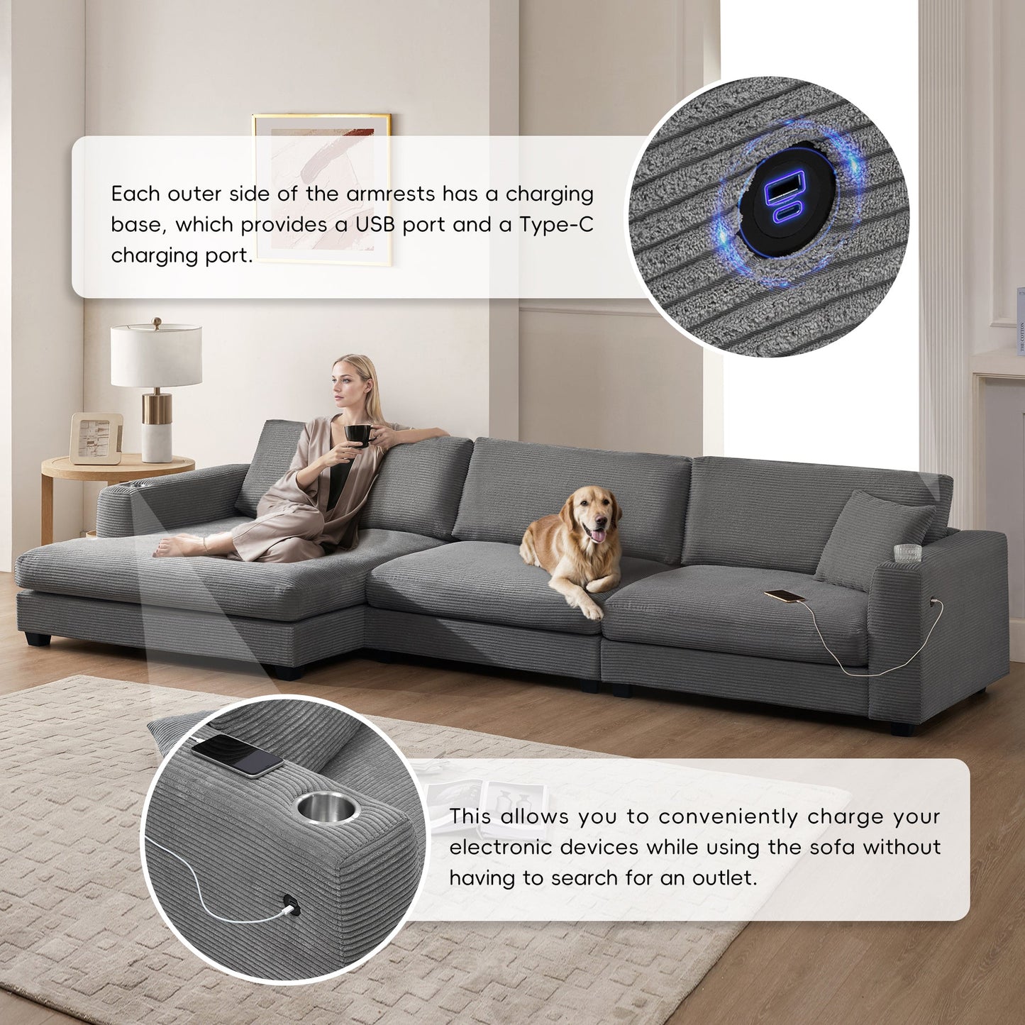 134*54"Oversized Corduroy Sectional Sofa,L Shaped Cloud Couch With USB Charging Port,Cup Holder,Deep Seat Sofa Bed
