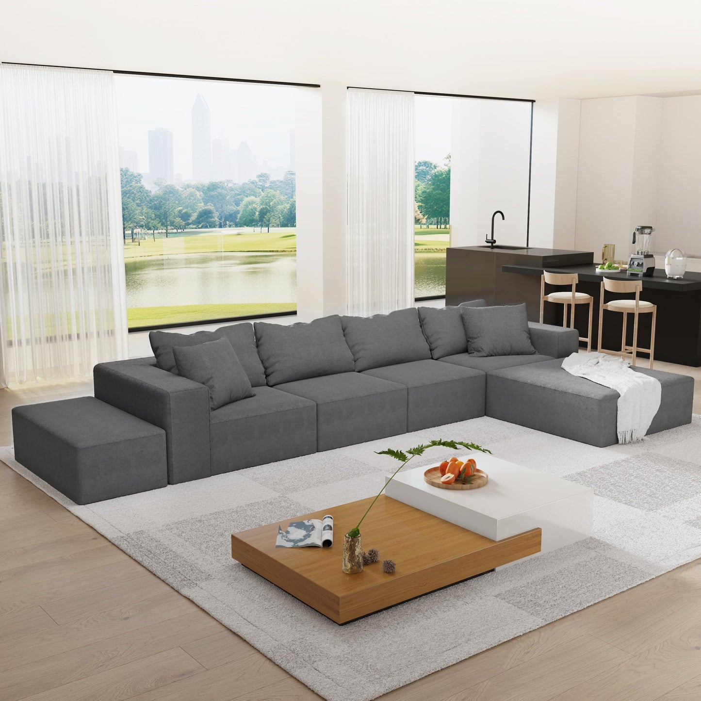 Modern Upholstered Sectional Sofa Couch Set,Modular 132" L Shaped Sectional Living Room Sofa Set With 6 Pillows,Free Com
