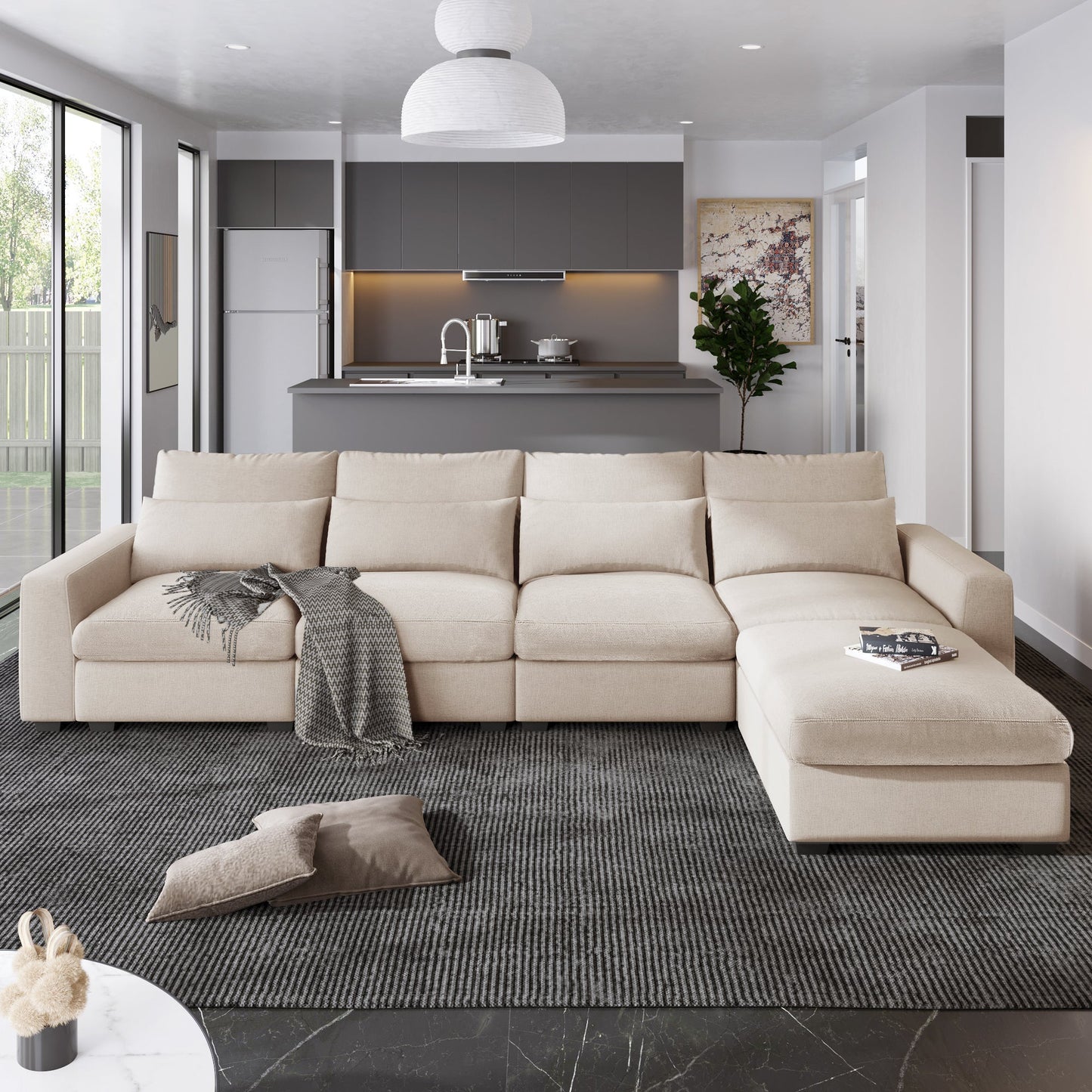 Modern Large L-Shape Feather Filled Sectional Sofa, Convertible Sofa Couch