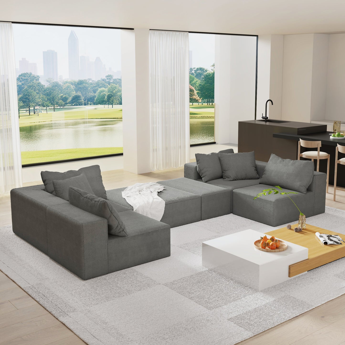 Modern Upholstered Sectional Sofa Couch Set,Modular 132" L Shaped Sectional Living Room Sofa Set With 6 Pillows,Free Com