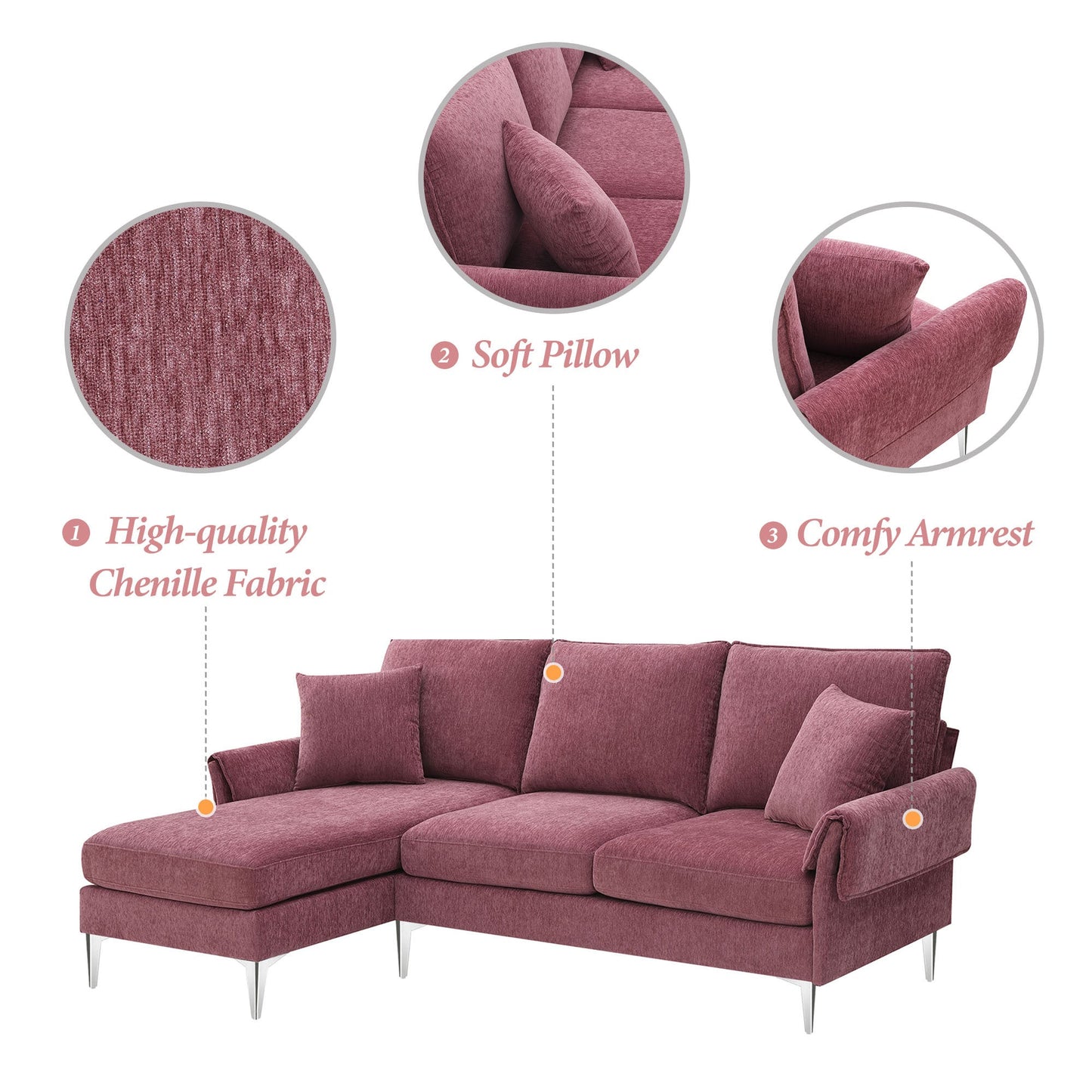 84 "Modern Chenille L-Shaped Sofa With Reversible Lounge,Convertible Sectional Couch Set,4 Seat Indoor Furniture