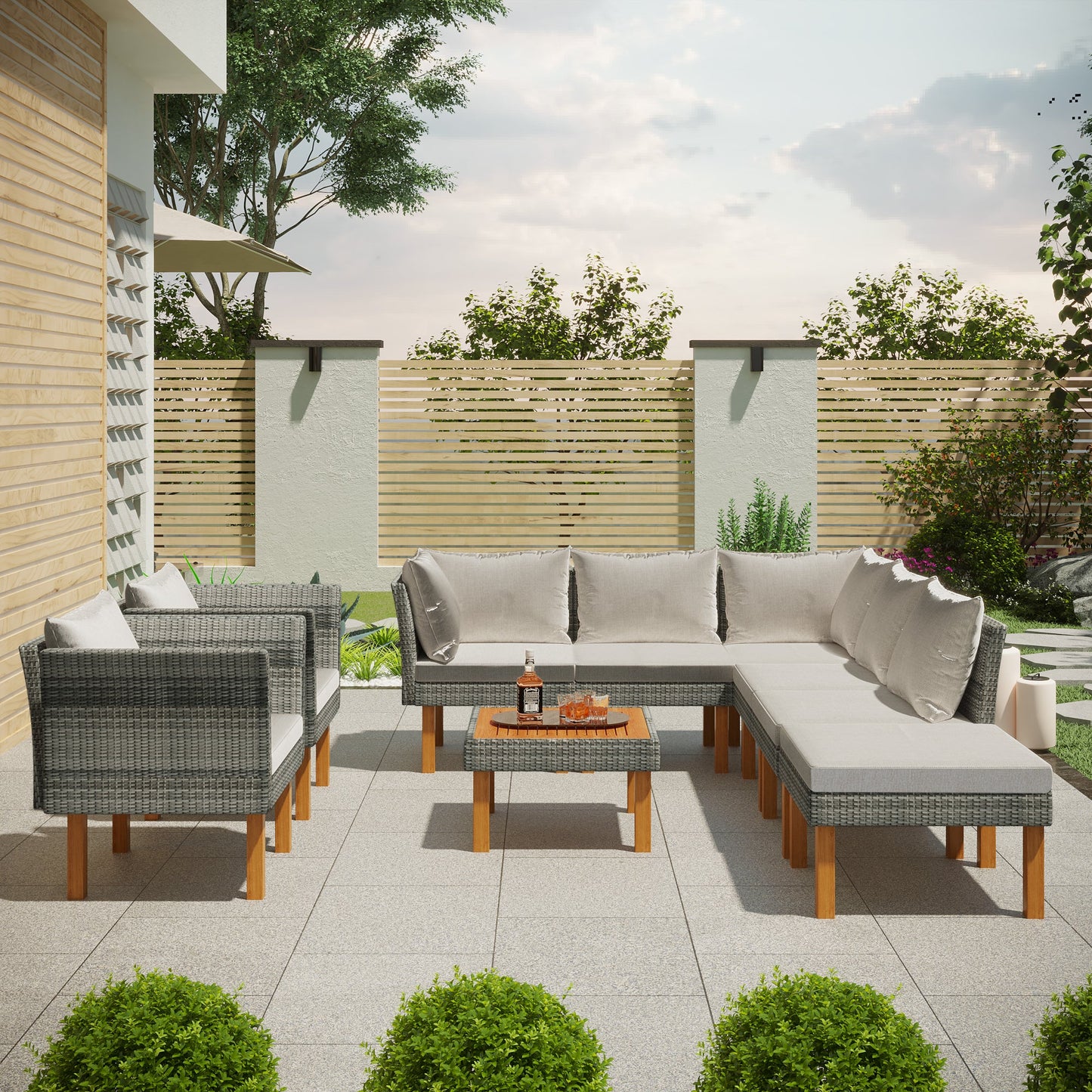 9-Piece Outdoor Patio Garden Wicker Sofa Set, Gray PE Rattan Sofa Set, With Wood Legs, Acacia Wood Tabletop