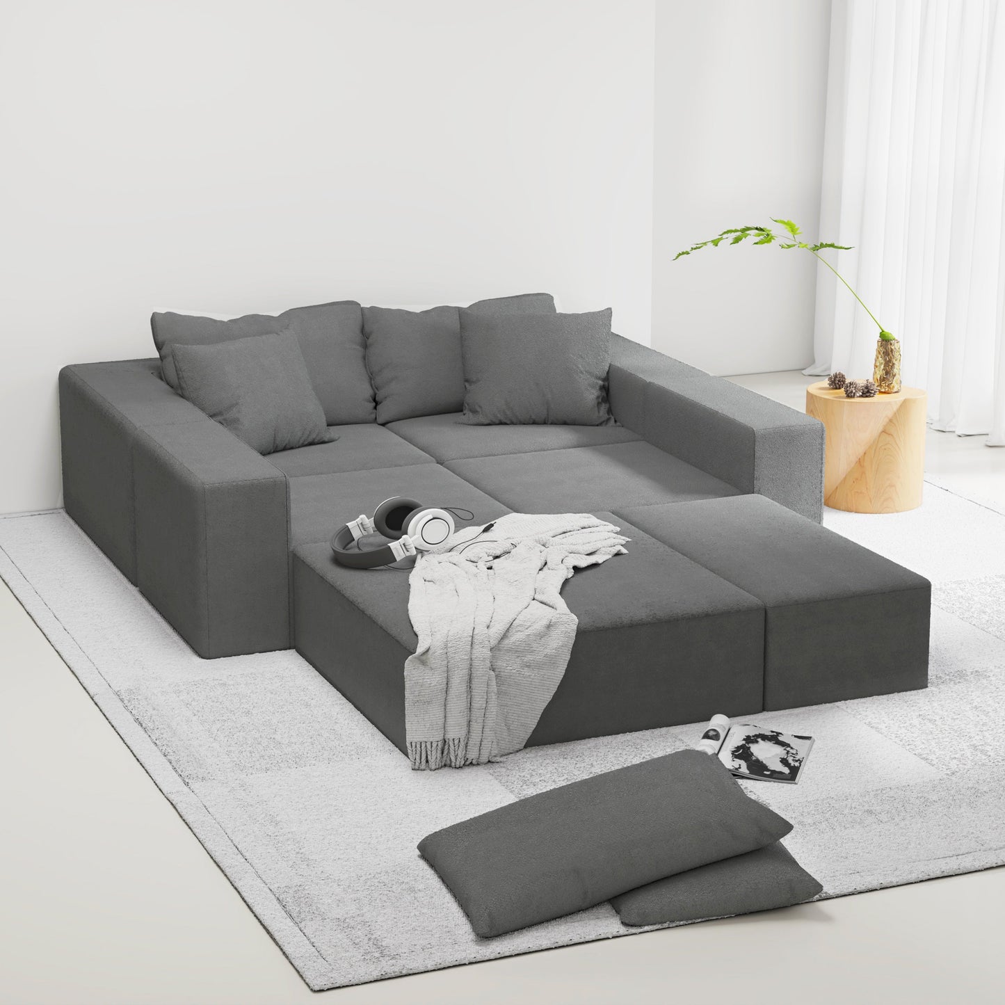 Modern Upholstered Sectional Sofa Couch Set,Modular 132" L Shaped Sectional Living Room Sofa Set With 6 Pillows,Free Com