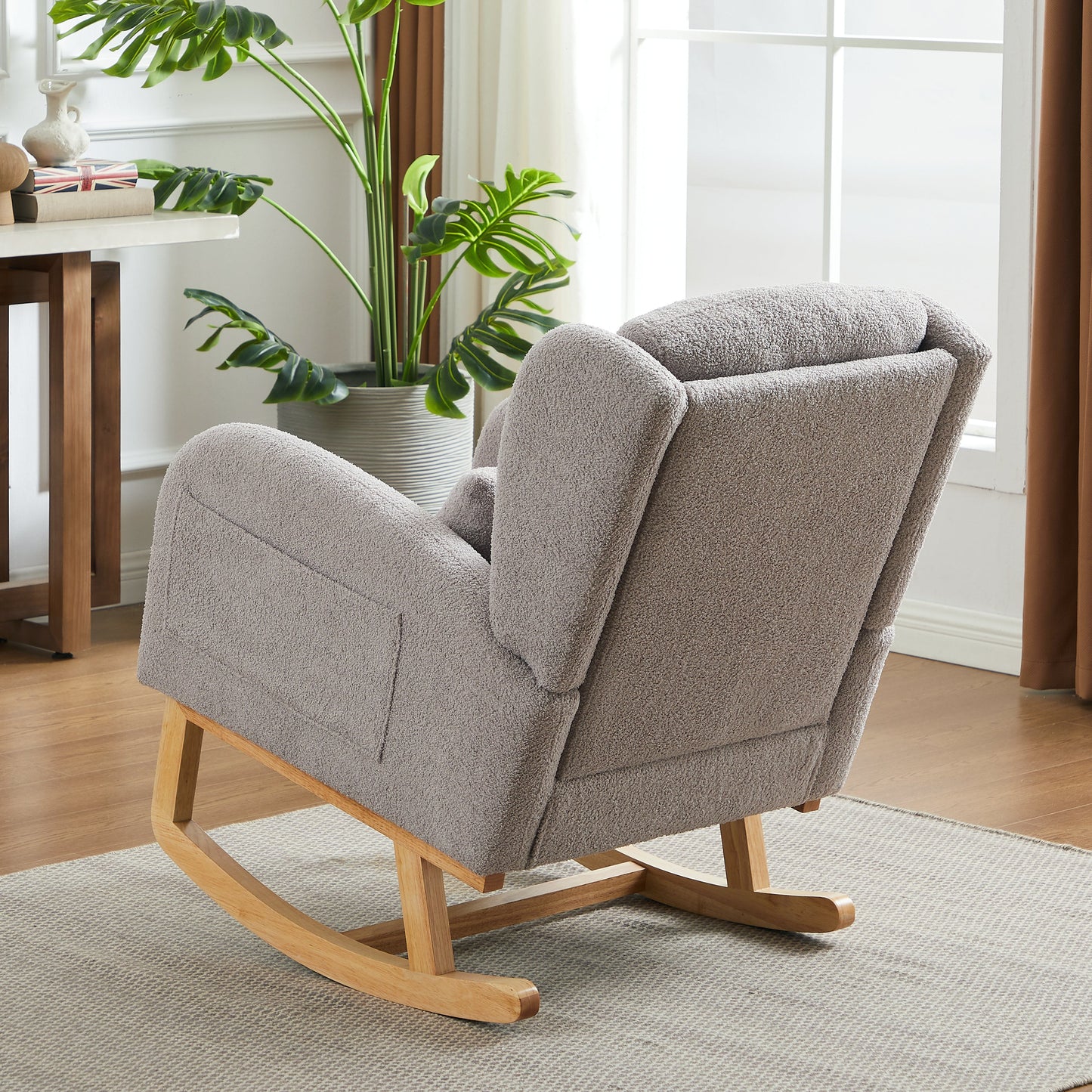 Modern Accent High Backrest Living Room Lounge Arm Rocking Chair, Two Side Pocket
