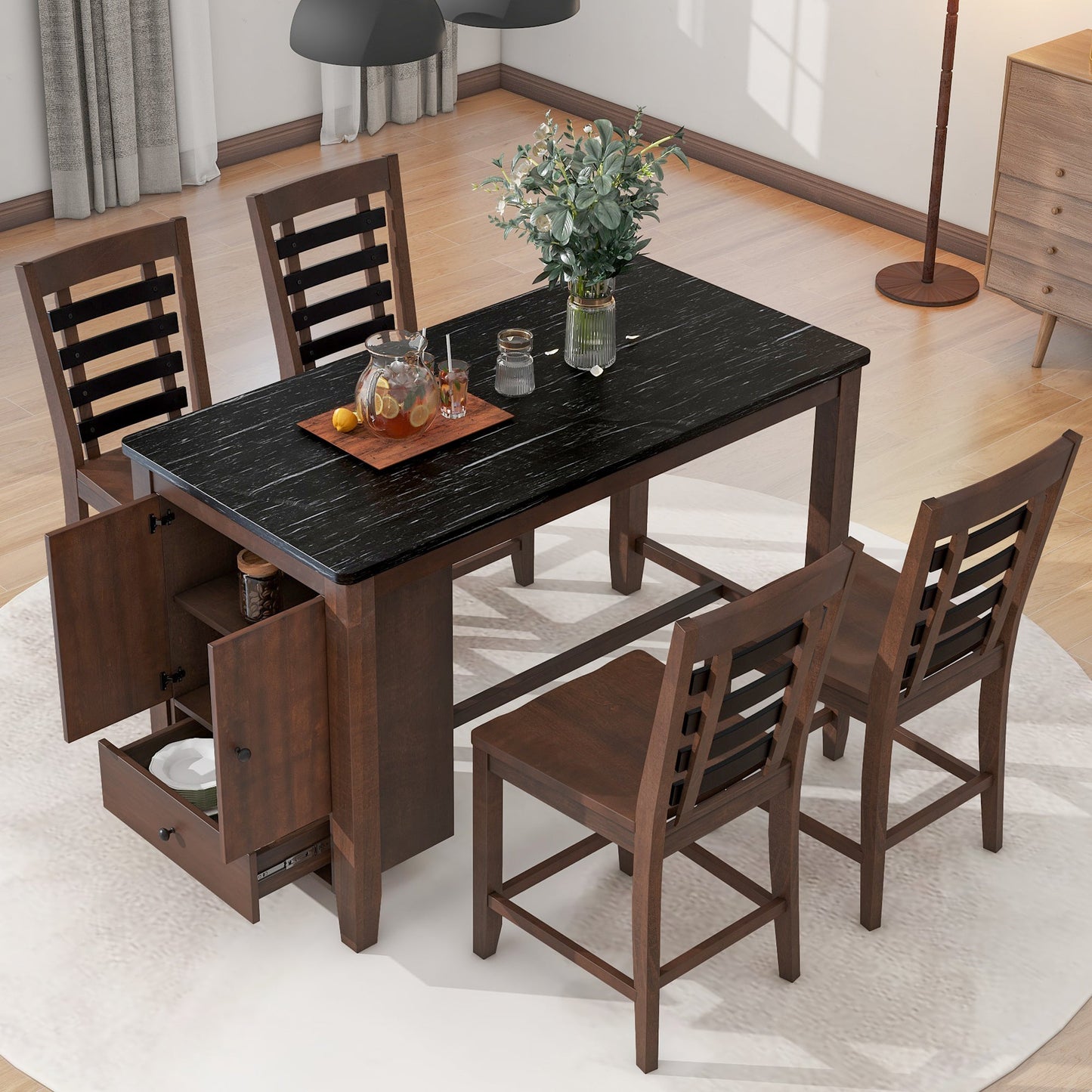 Counter Height 5-Piece Dining Table Set With Faux Marble Tabletop, Solid Wood Table Set With Storage Cabinet and Drawer
