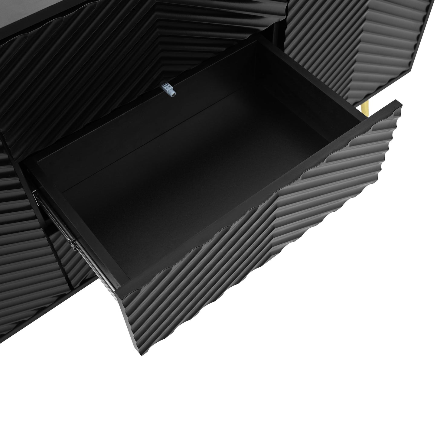 Modern Sideboard With Geometric Line Design, Conical Metal Legs, and Central Drawers for Stylish Storage