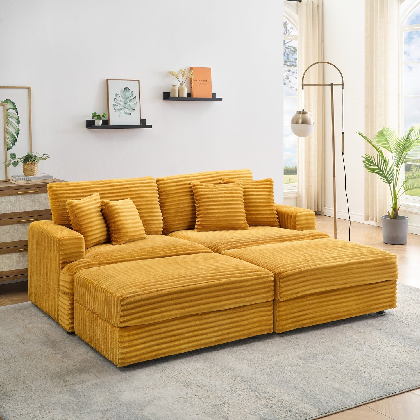 82 Inches Orange Corduroy Sofa, Two Storage Feet +4 Throw Pillows, Create a Living Room, Office Fashion New Darling