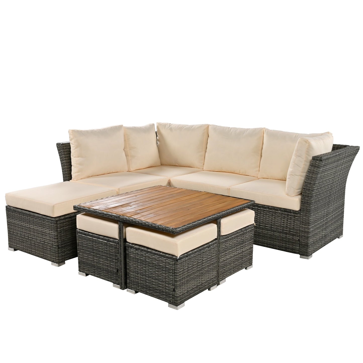 Patio Furniture Set, 10 Piece Outdoor Conversation Set, CoffeeTable With Ottomans, Solid Wood Coffee Table