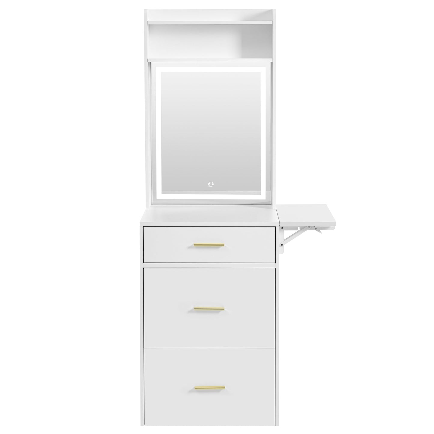 Small Vanity Desk With Mirror and Light, Dressing Table With Charging Station & Fold-Up Panel for Small Space, Compact