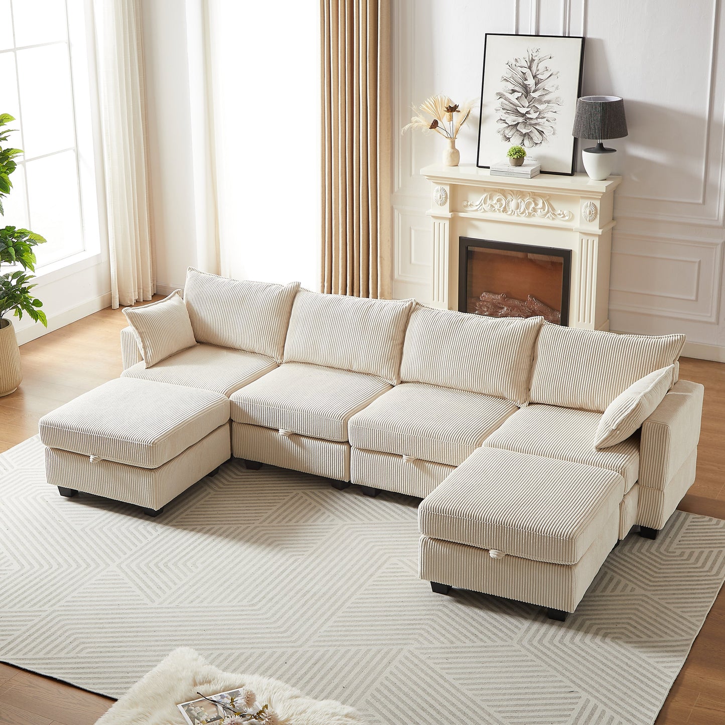 113.5'' Modular Sectiona Corduroy Sofa, Sectional Couches for Living Room U Shaped Sectional Couch With Storage Ottoman