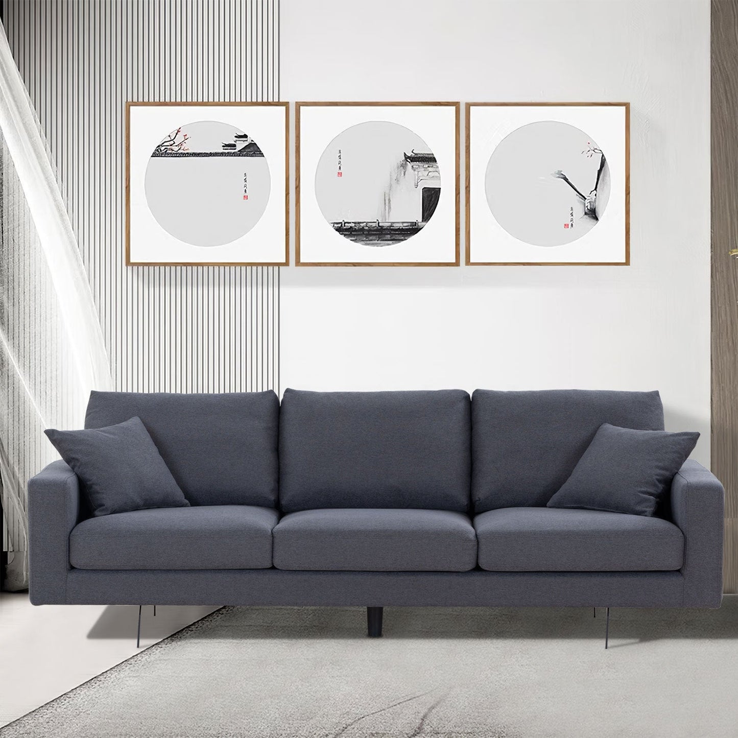 Modern Grey Three-Seat Sofa With Thick Sponge and Two Pillows, 87.40inch