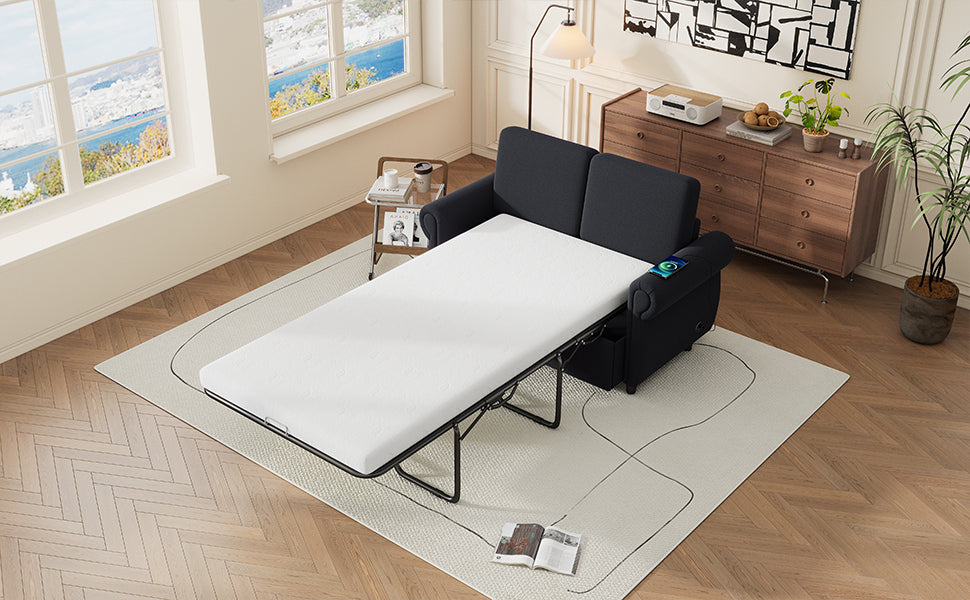 57.9" Pull Out Sofa Bed Loveseat Sleeper With Twin Size Memory Mattress With Two USB Ports for Living Room Spaces, Black