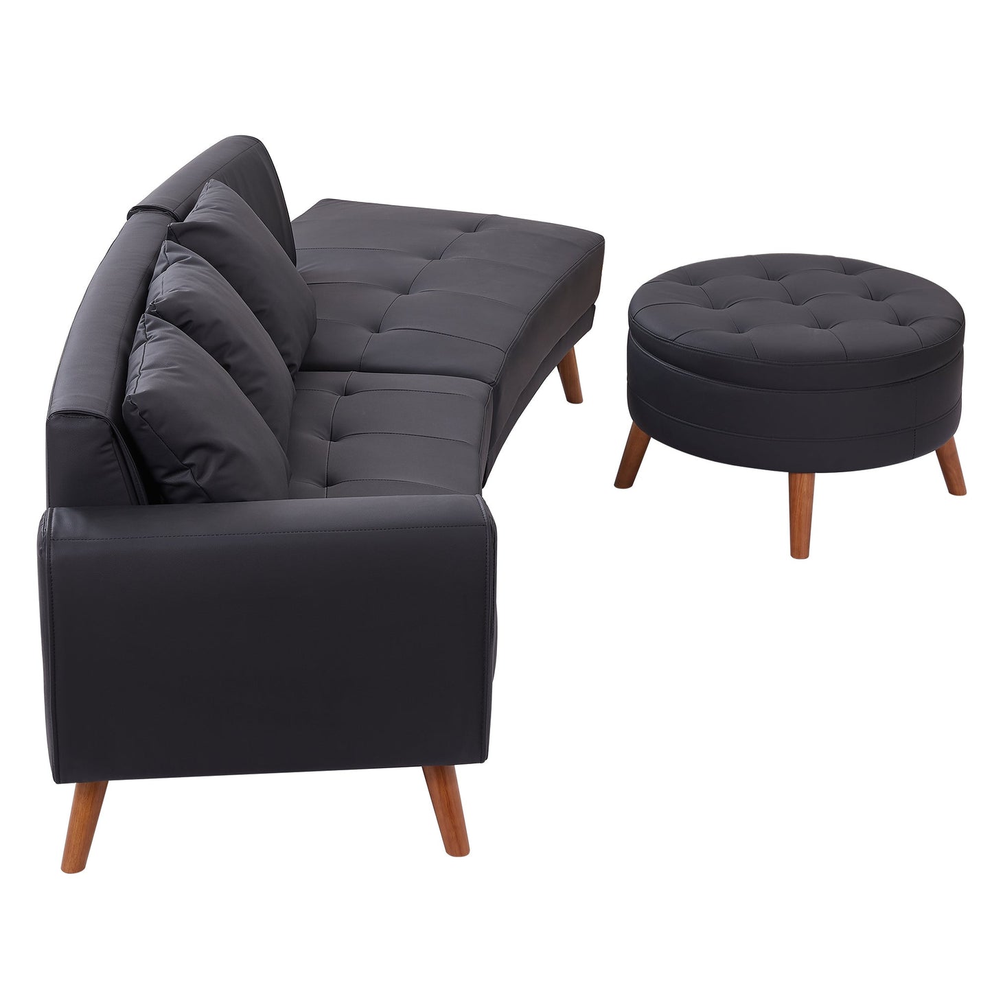 107" Contemporary Sofa Stylish Sofa Couch With a Round Storage Ottoman and Three Removable Pillows for Living Room, Black