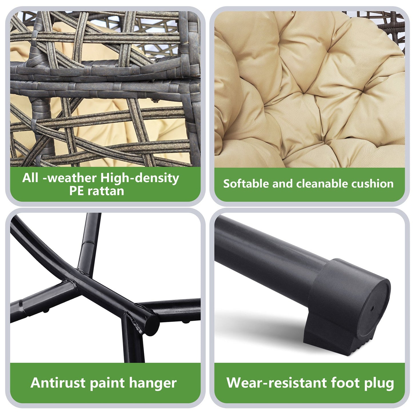 Wicker Hanging Swing Chair; Rattan Hanging Egg Chair With Durable Stand and Waterproof Cushion for Outdoor Garden