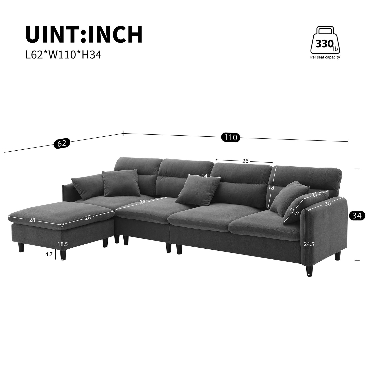 110*62" Modern Convertible Sectional Sofa,L-Shaped Reversible Couch Set With Free Pillows,5 Seat Cloud Chenille Indoor